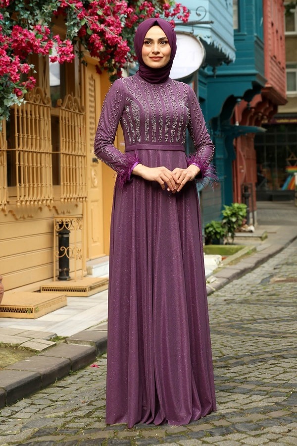 Purple Rhinestone and Feathered Evening Dress