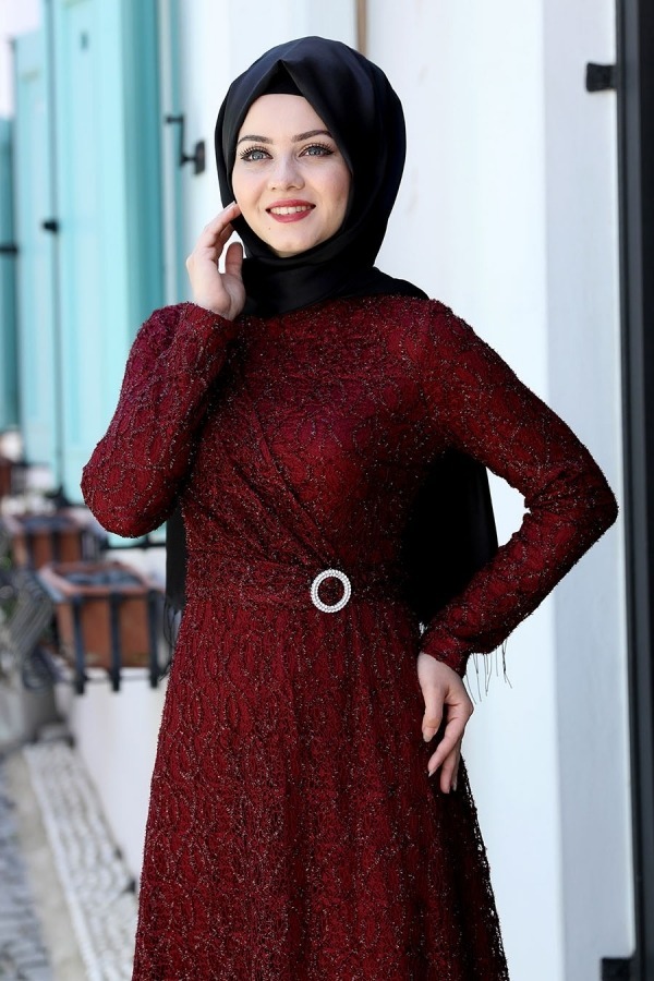 Claret Red Lace Evening Dress