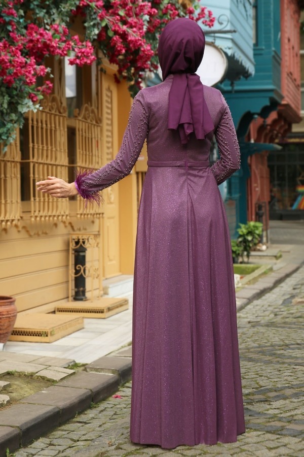 Purple Rhinestone and Feathered Evening Dress